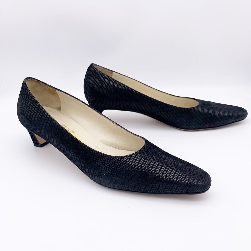 Salvatore Ferragamo - Black Navy Textured Shimmer Kitten Heels 9.5 A